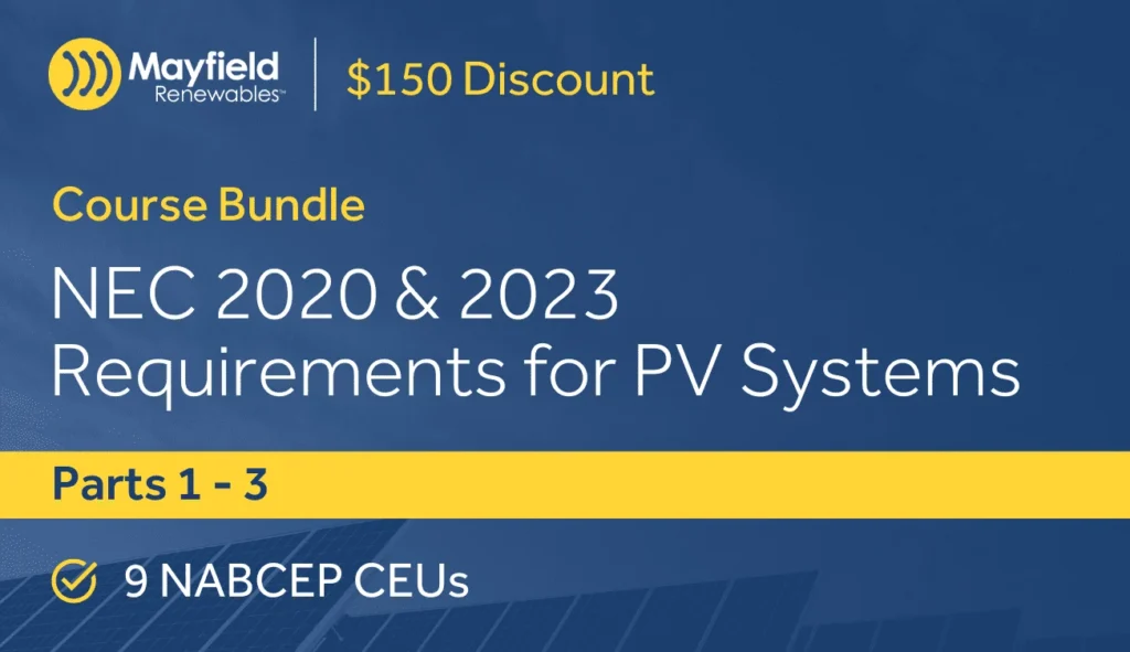 Course bundle graphic showing NEC 2020 and 2023 PV system requirements with NABCEP CEUs