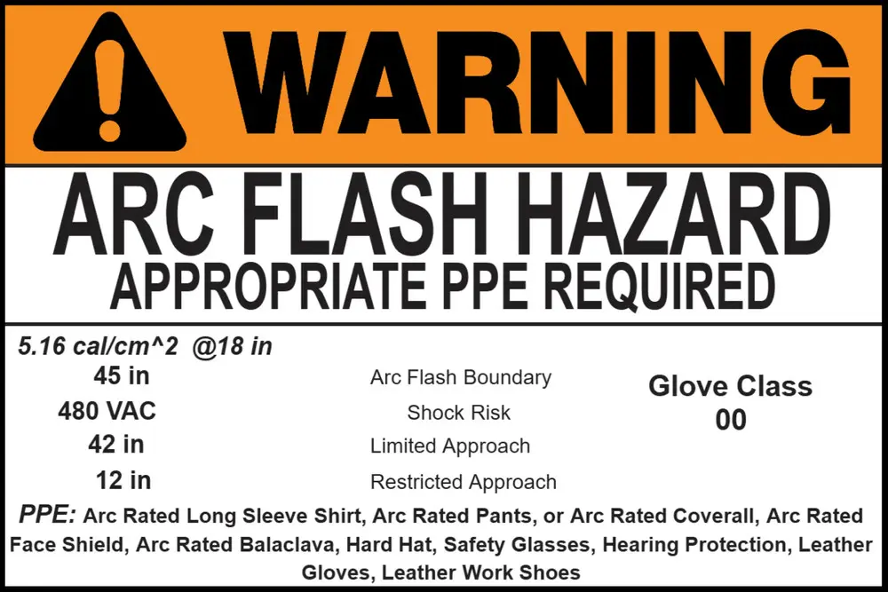 Warning arc flash hazard sign requiring PPE with electrical safety details